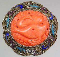Exquisite Antique Chinese 19th c. Silver Enamel Coral Filigree Two Geese Brooch