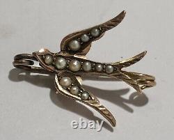 Exquisite Antique Victorian Swallow Love Bird 9 K CT Gold Seed Pearl Pin Brooch