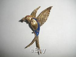 Exquisite Vintage 14K Gold enamel Flying Bird Brooch with Diamond Drop Ruby eye