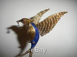 Exquisite Vintage 14K Gold enamel Flying Bird Brooch with Diamond Drop Ruby eye