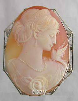 FABULOUS! Victorian HUGE 14K Gold Lady&Bird Carved Shell Cameo Pin Brooch
