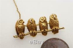FINE QUALITY ANTIQUE LATE VICTORIAN ENGLISH 15K GOLD OWLS & BRANCH BROOCH c1900