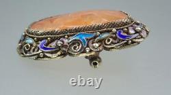 Fabulous Antique Chinese Silver Gilt Enamel Carved Carnelian Bird Sun Brooch Pin