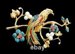 Fabulous Vintage 18k Gold Enamel & Jeweled Peacock Bird 2 Pin Back Brooch
