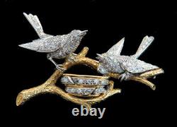 Fabulous Vintage 18k Gold Pave Diamond Birds On Branch & Nest Brooch