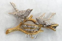 Fabulous Vintage 18k Gold Pave Diamond Birds On Branch & Nest Brooch