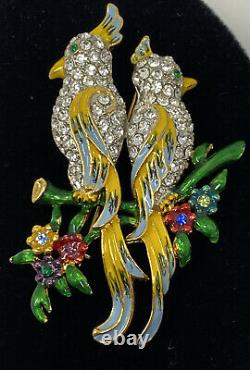 Fabulous Vintage Birds of Paradise Parrots Rhinestone Enamel brooch