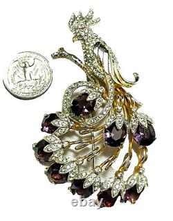 Fabulous Vintage Designer Figural Bird Rhinestone Inset Jeweled Tail Brooch