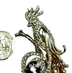 Fabulous Vintage Designer Figural Bird Rhinestone Inset Jeweled Tail Brooch