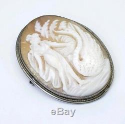 Fine Vintage 800 Silver Carved Shell Cameo Lady Swan Bird Pendant Brooch