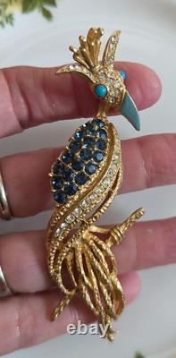 Florenza Brooch Peacock Bird Rhinestone Enamel Large Signed