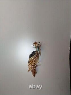 Florenza Gold Tone Kingfisher Rhinestone Pin huge bird brooch peacock vintage
