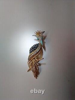 Florenza Gold Tone Kingfisher Rhinestone Pin huge bird brooch peacock vintage