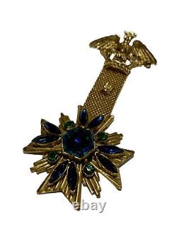 Florenza Pin Brooch Eagle Hanging Gold Tone Blue/green Stones Vintage
