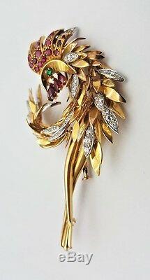 French Vintage 18K Gold Diamonds Ruby Emerald Bird Brooch MAGNIFICENT