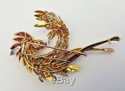 French Vintage 18K Gold Diamonds Ruby Emerald Bird Brooch MAGNIFICENT