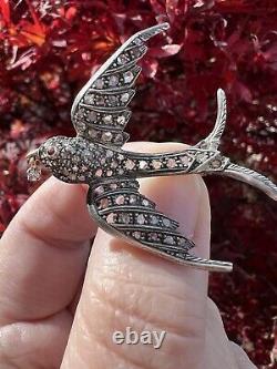 Genuine Antique French Swallow Brooch 18k gold topped with Silver Diamonds Ruby