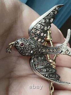 Genuine Antique French Swallow Brooch 18k gold topped with Silver Diamonds Ruby