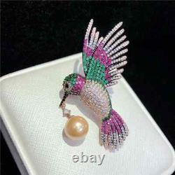 Genuine Golden Pearl 2Ct Round Cut Unisex Bird Brooch Pin 14K Yellow Gold Plated