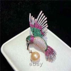 Genuine Golden Pearl 2Ct Round Cut Unisex Bird Brooch Pin 14K Yellow Gold Plated