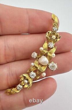 Georgian Victorian Etruscan 18k Gold Rose Cut Diamond & Pearl Floral Pin Brooch
