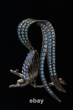 Givenchy Signed Vintage Pin Brooch Gunmetal Blue Crystal Bird Tail Runway BinAC