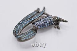 Givenchy Signed Vintage Pin Brooch Gunmetal Blue Crystal Bird Tail Runway BinAC