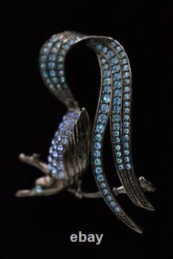 Givenchy Vintage Pin Brooch Gunmetal Blue Crystal Bird Tail Runway Signed BinAC