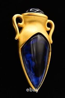 Givenchy Vintage Pin Brooch Vase Blue Cabochon Brushed Gold Signed Runway BinAJ