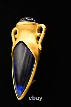 Givenchy Vintage Pin Brooch Vase Blue Cabochon Brushed Gold Signed Runway BinAJ