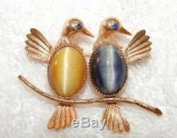 Gold Filled Brooch Birds with Cat Eye Stones Signed Vintage Creed
