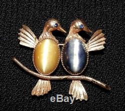 Gold Filled Brooch Birds with Cat Eye Stones Signed Vintage Creed