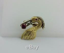 Gold Plated. 14 Ctw Pink Sapphire Egret Bird Pin Brooch Estate Vintage
