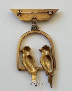 Gold Tone Parakeet Bird Love Birds Birdcage Swing Brooch Pin Budgie Vintage Vtg