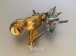 Gorgeous 1960s Vintage CARVEN Brooch Bird on a branch, Green & White Crystals