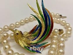 Gorgeous And Elegant Vintage Italy 18k Yellow Solid Gold Ruby Enamel Bird Brooch