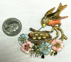 Gorgeous Figural Bird & Nest Brooch, Flowers & Rhinestones Faux Pearl Eggs 40's