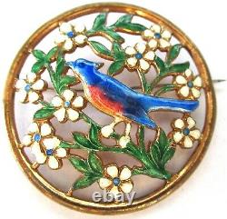 Gorgeous Fine Enamel Bird & Flowers Vintage Pin Brooch