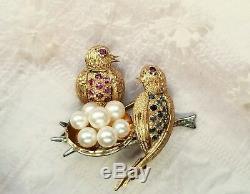 Gorgeous Vintage 14k Gold Brooch Pin Birds in Nest Pearls, Sapphires, Rubies