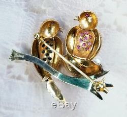 Gorgeous Vintage 14k Gold Brooch Pin Birds in Nest Pearls, Sapphires, Rubies