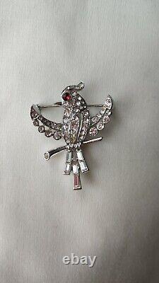Gorgeous Vintage Crown Trifari Alfred Philippe Pave' Red Cab Eye Bird Brooch