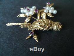 Gorgeous Vintage Estate 14k Gold Pearl & Ruby Figural Brooch, Bird On Branch