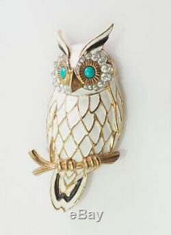 Gorgeous vintage white enamel rhinestones owl bird pin brooch by Jomaz