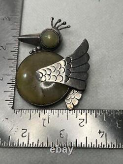 Green Stone Bird Brooch Sterling Silver Vintage Mexico Made Gorgeous (BRCH3053)