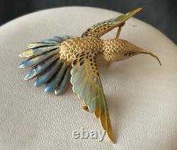 HEAVY Imperfect Vintage Solid 18K Yellow Gold Enamel Hummingbird BIRD Brooch