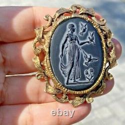 HUGE Neoclassical Goddess Birds Flowers Black Carved Cameo Glass Brooch Pendant