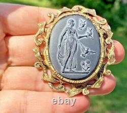 HUGE Neoclassical Goddess Birds Flowers Black Carved Cameo Glass Brooch Pendant