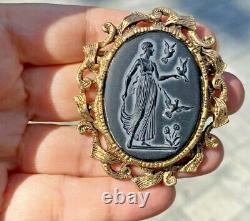 HUGE Neoclassical Goddess Birds Flowers Black Carved Cameo Glass Brooch Pendant