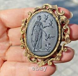 HUGE Neoclassical Goddess Birds Flowers Black Carved Cameo Glass Brooch Pendant