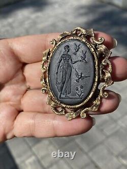 HUGE Neoclassical Goddess Birds Flowers Black Carved Cameo Glass Brooch Pendant